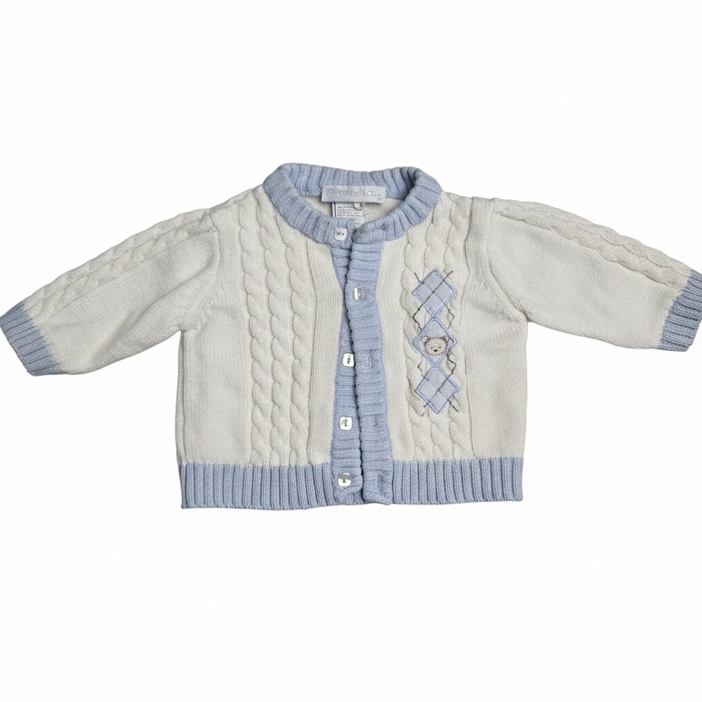 VINTAGE Y2K Vitamins Baby Blue White Cable Knit Cardigan Teddy Bear 3M